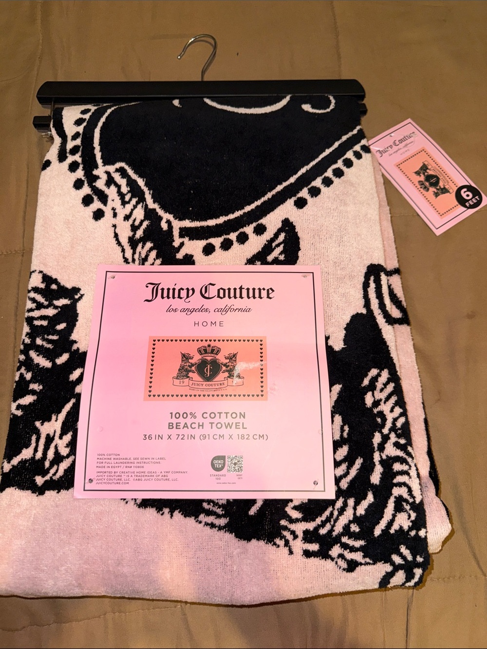 Juicy Couture Black and Pink Signature Logo Beach Towel